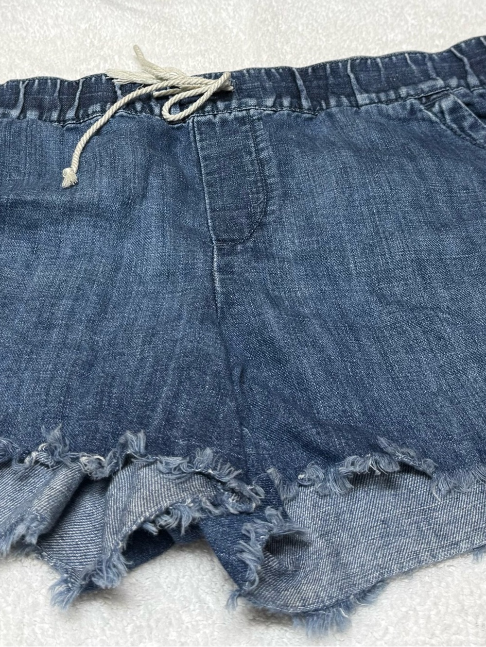 LOFT Indigo Drawstring Denim Shorts with Frayed Hem